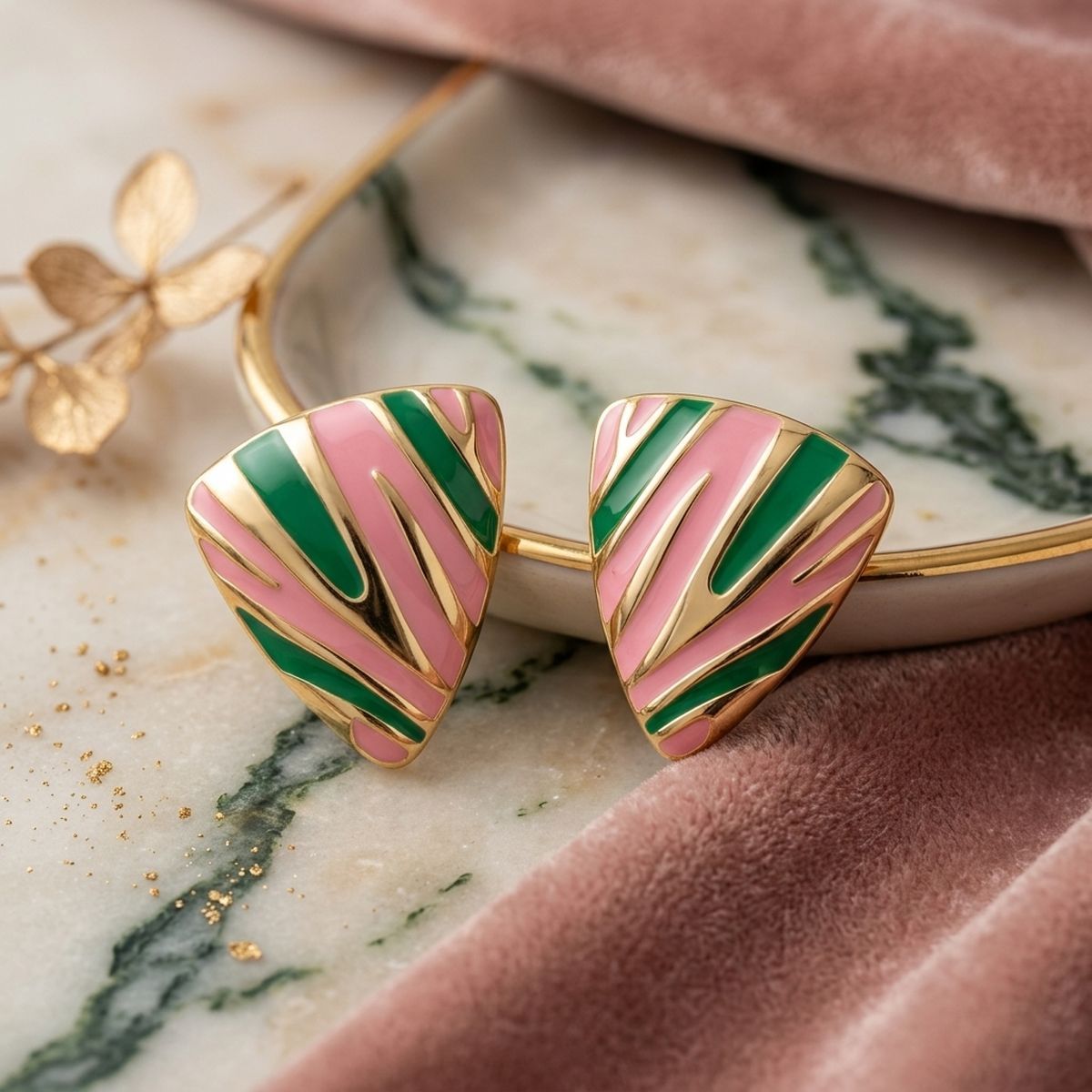 14K Gold Pink Green AKA Animal Print Stud Earrings