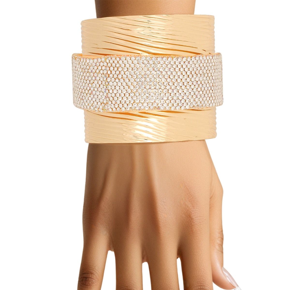 Cuff Gold Ribbed Clear Rhinestone Band Bracelet