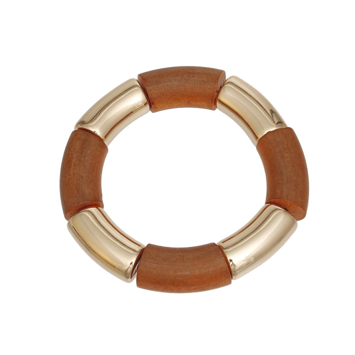 Wood Bead Brown and Gold Tubular Stretch Bracelet