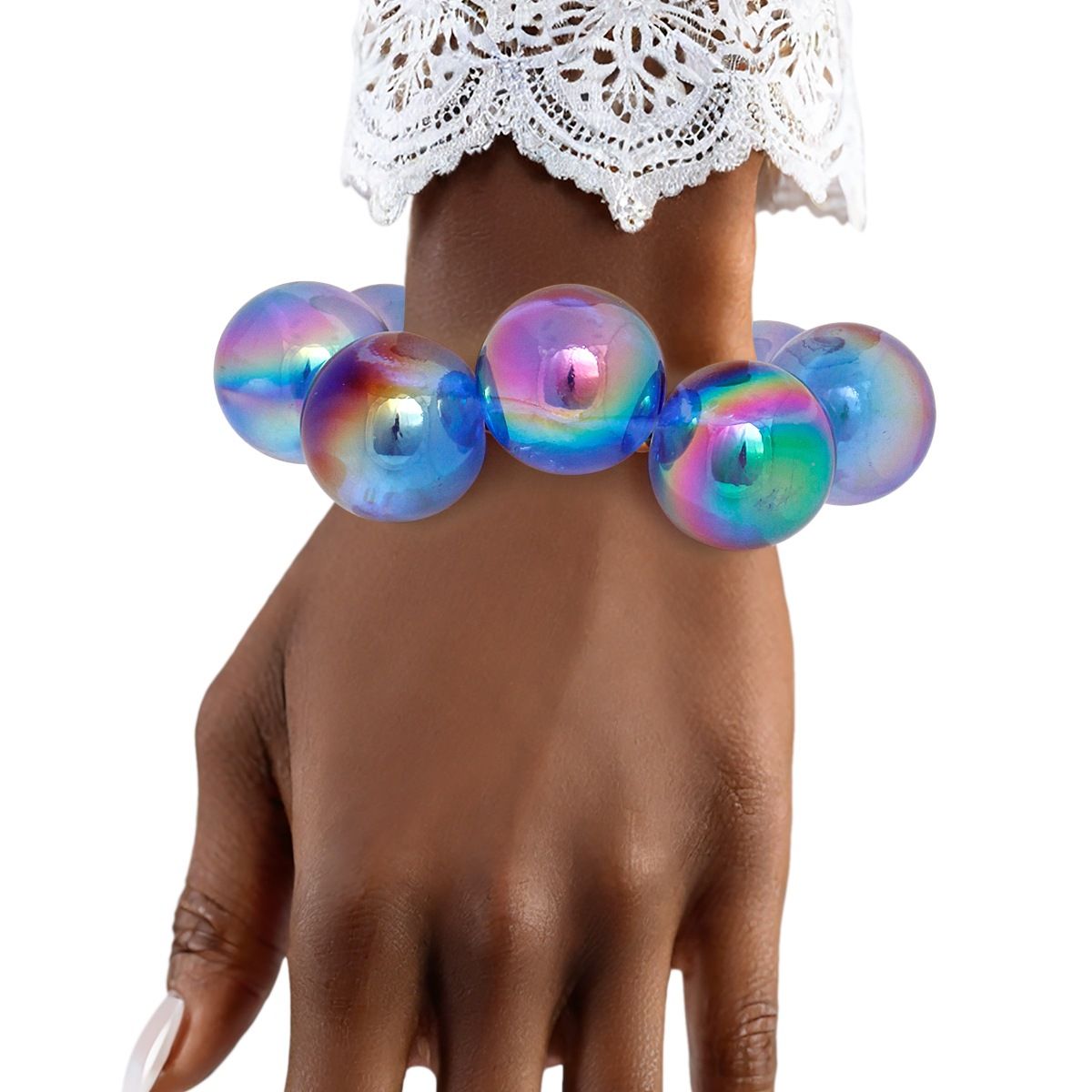 Bracelet Blue Iridescent Bubble Ball Bead Gold
