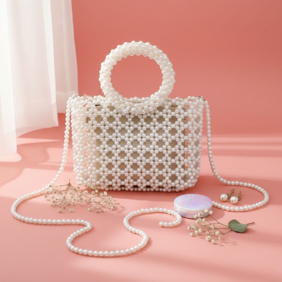 Top Handle Square Cream Pearl Woven Handbag