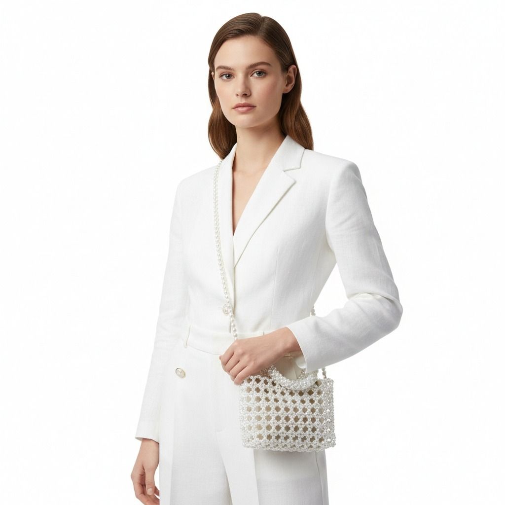 Top Handle Square Cream Pearl Woven Handbag