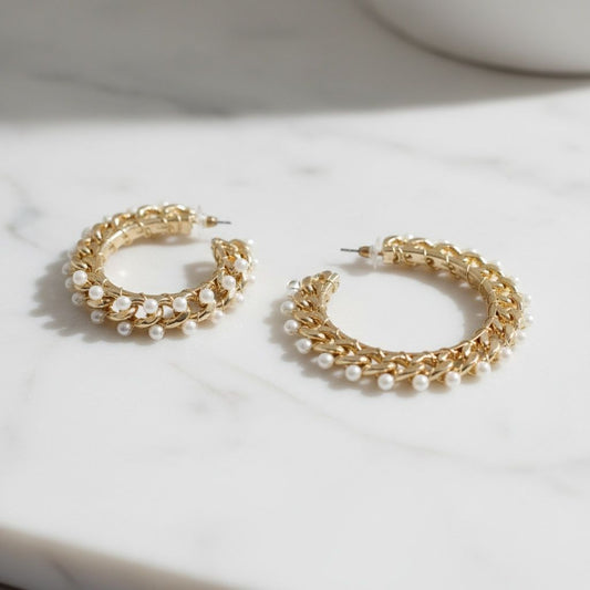 Gold Chain Open Hoops with Cream Pearl Earrings