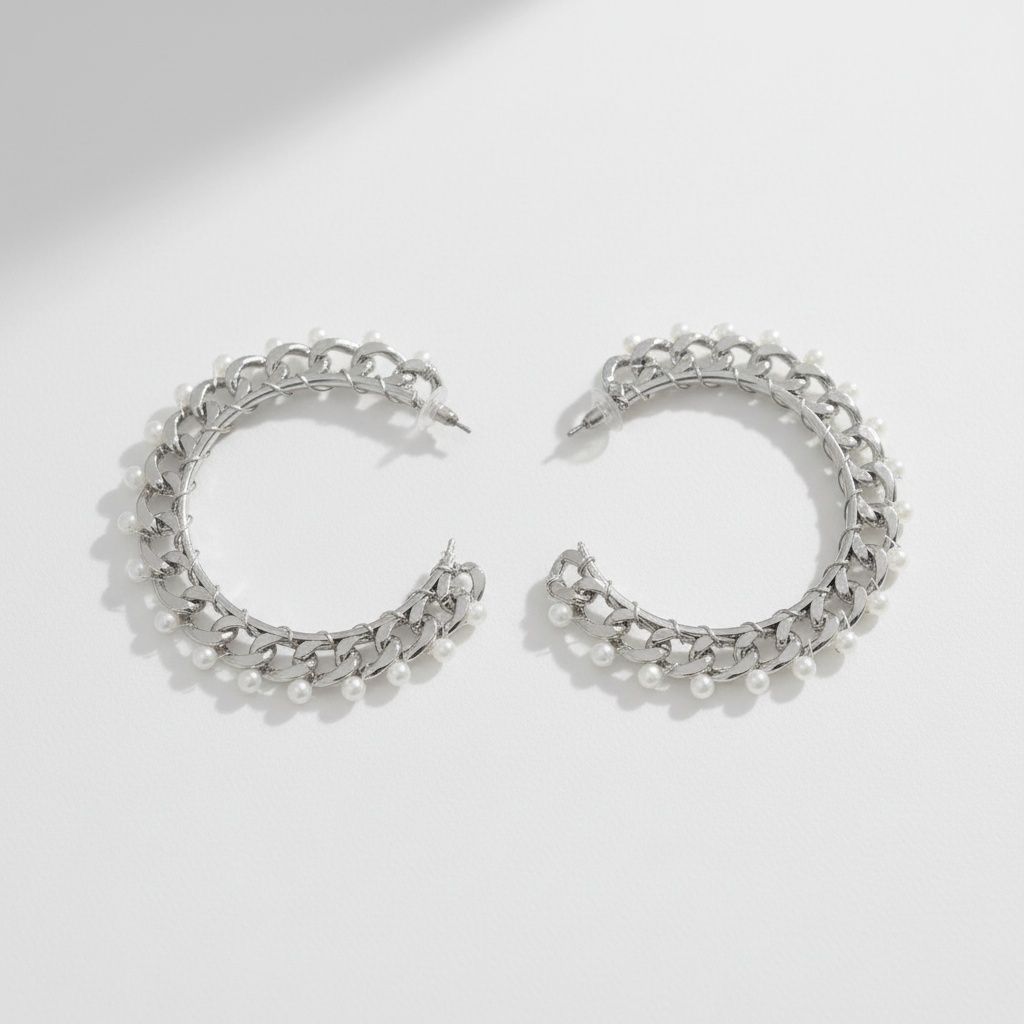 Silver Chain Open Hoops with White Pearl Earrings