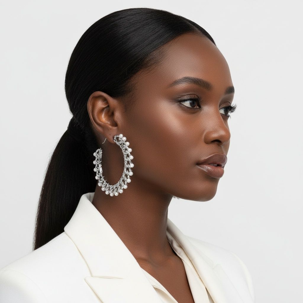 Silver Chain Open Hoops with White Pearl Earrings