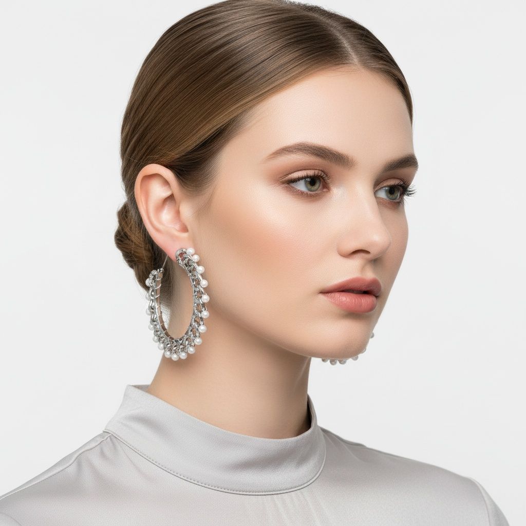 Silver Chain Open Hoops with White Pearl Earrings