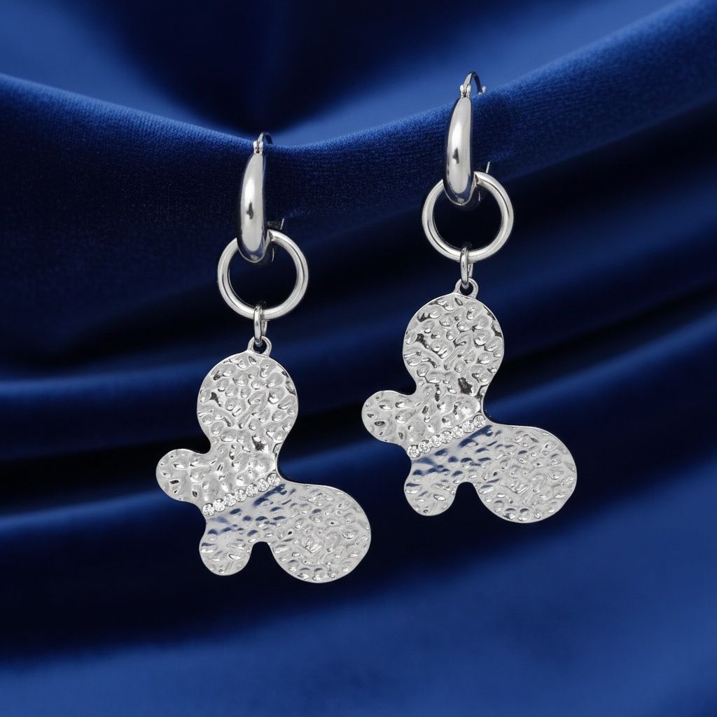 Hoop Hammered Silver Butterfly Long Drop Earrings