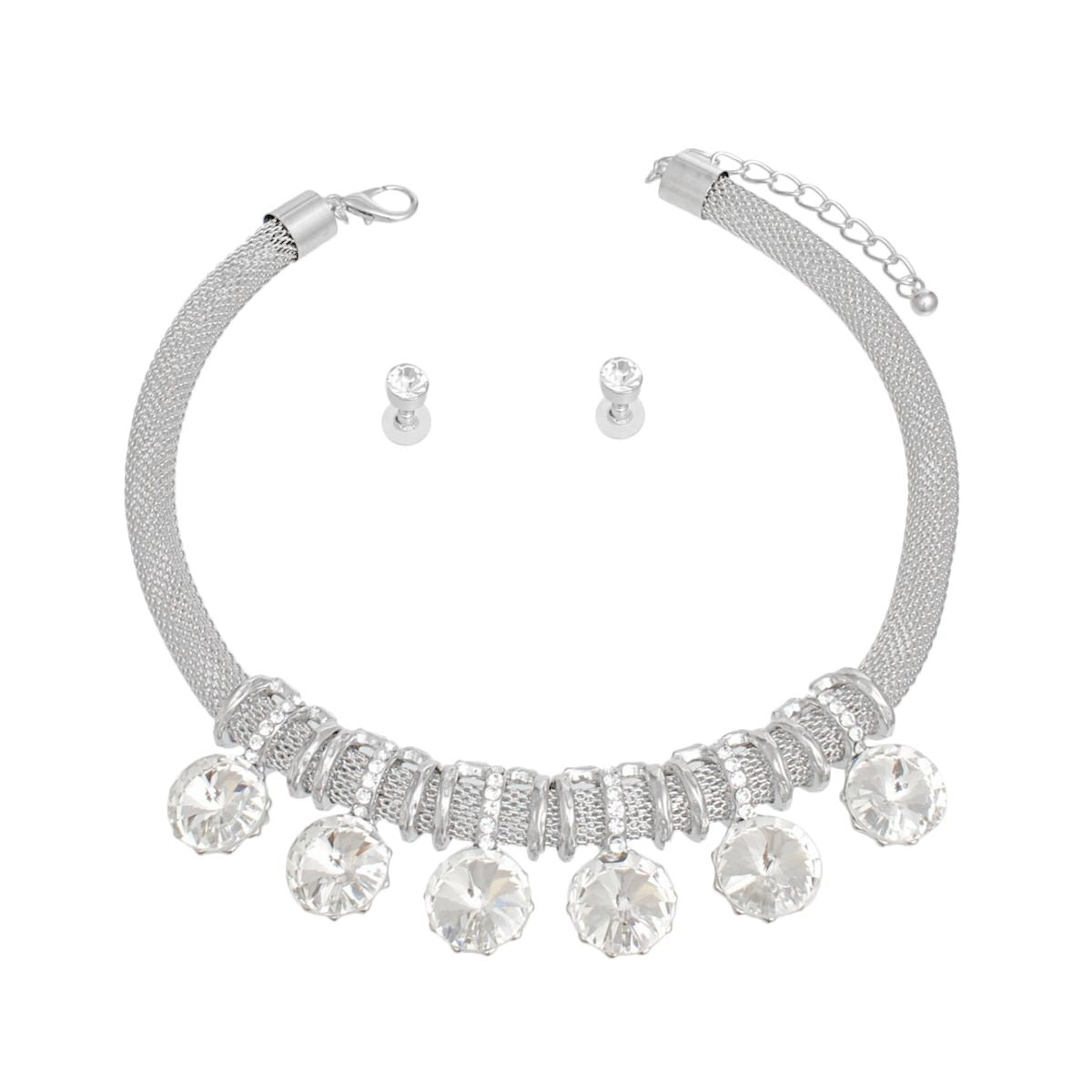 Choker Silver Mesh Round Crystal Slide Necklace