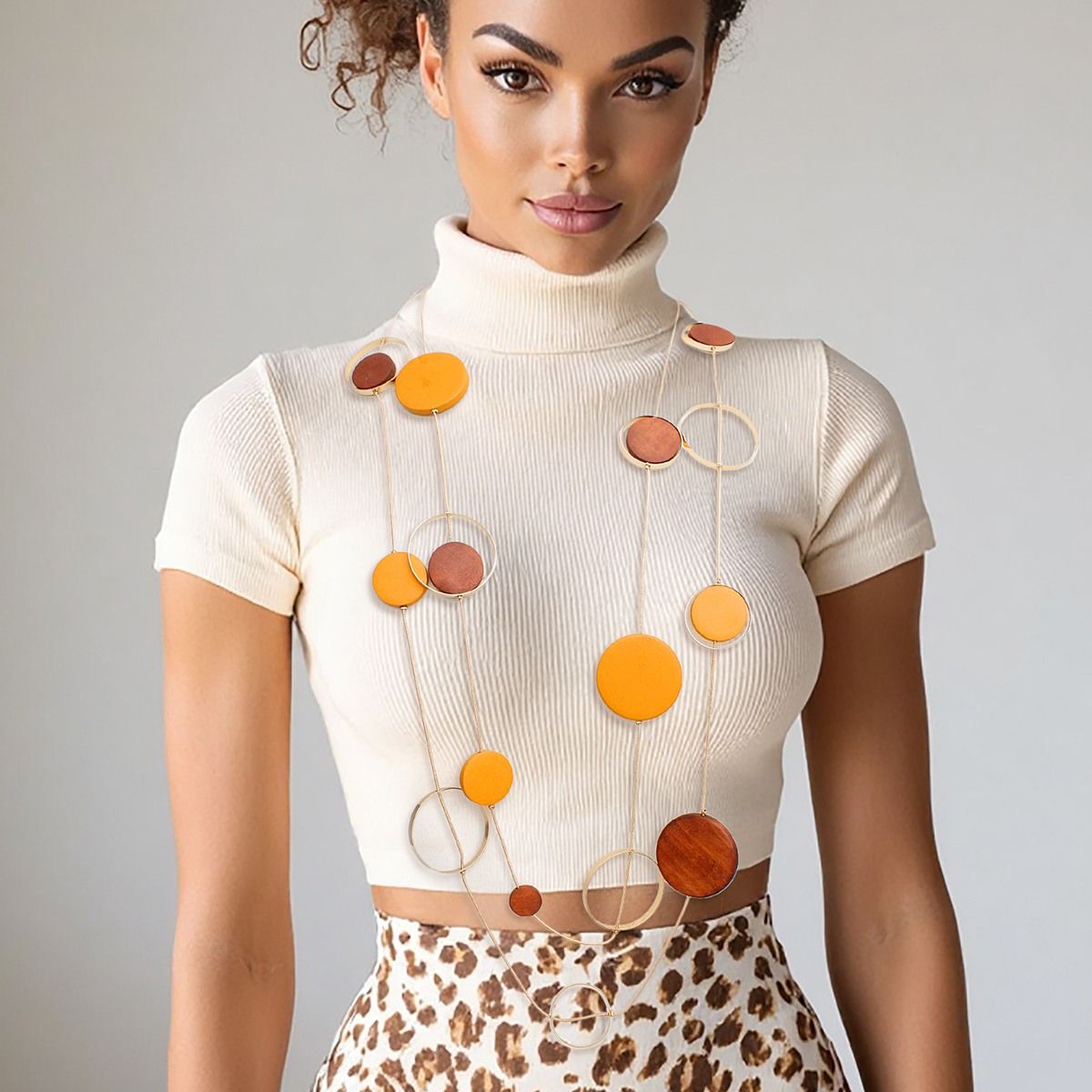 Long Brown Wood Disc Layered Gold Necklace