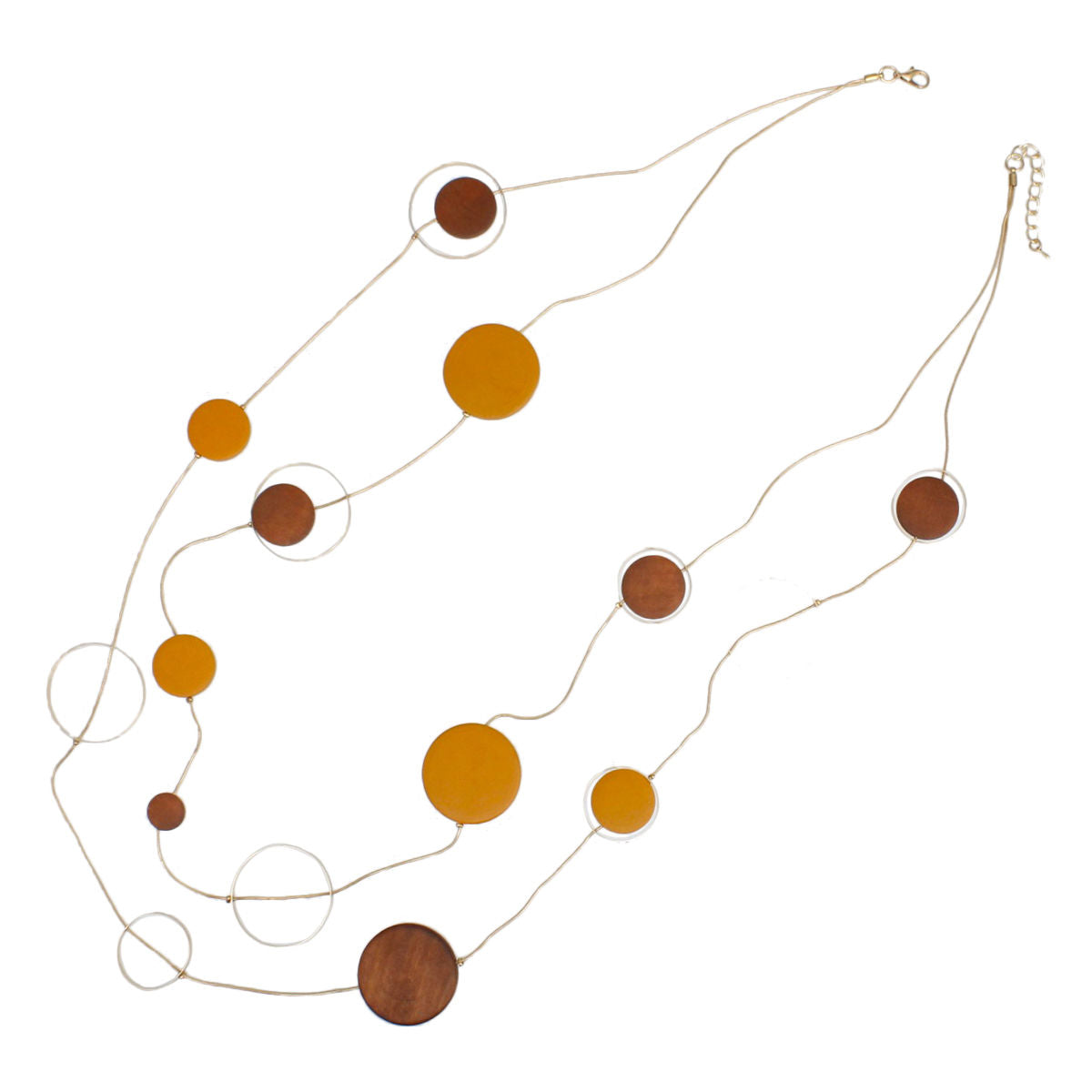 Long Brown Wood Disc Layered Gold Necklace