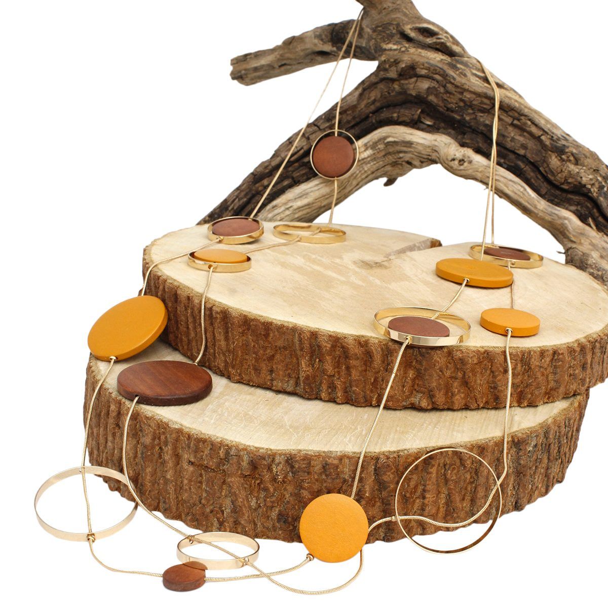 Long Brown Wood Disc Layered Gold Necklace