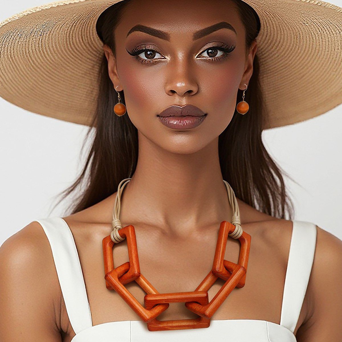 Collar Chunky Brown Wood Rectangle Link Necklace