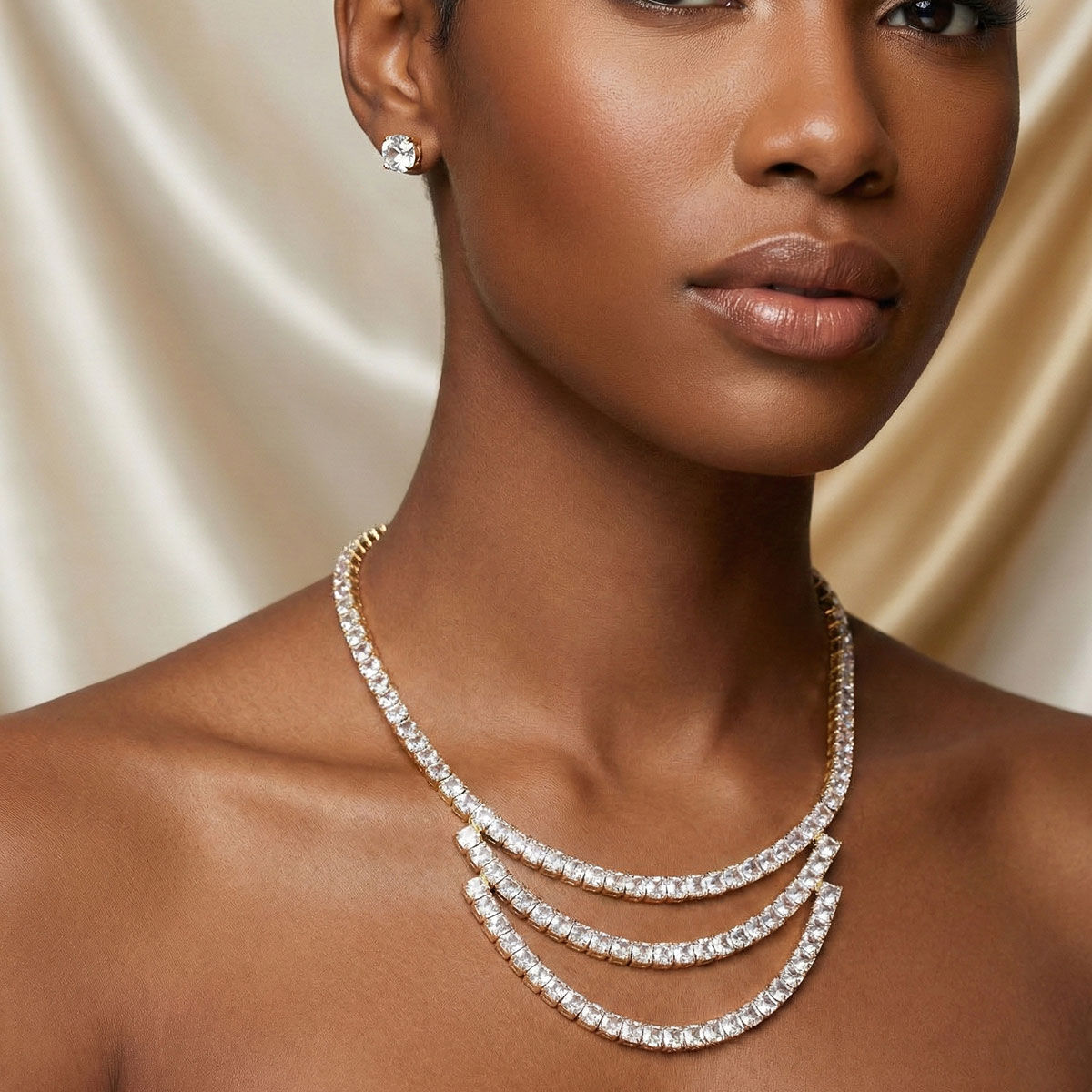 Tennis Style Shimmering Crystal Gold Necklace