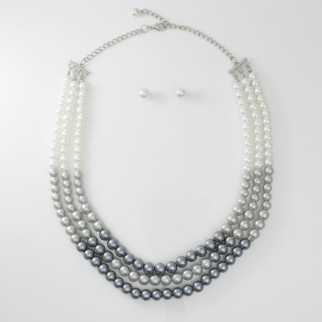 Glass Pearl Gray White Ombre 3 Strand Necklace