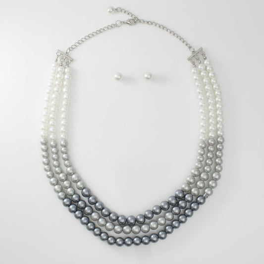 Glass Pearl Gray White Ombre 3 Strand Necklace