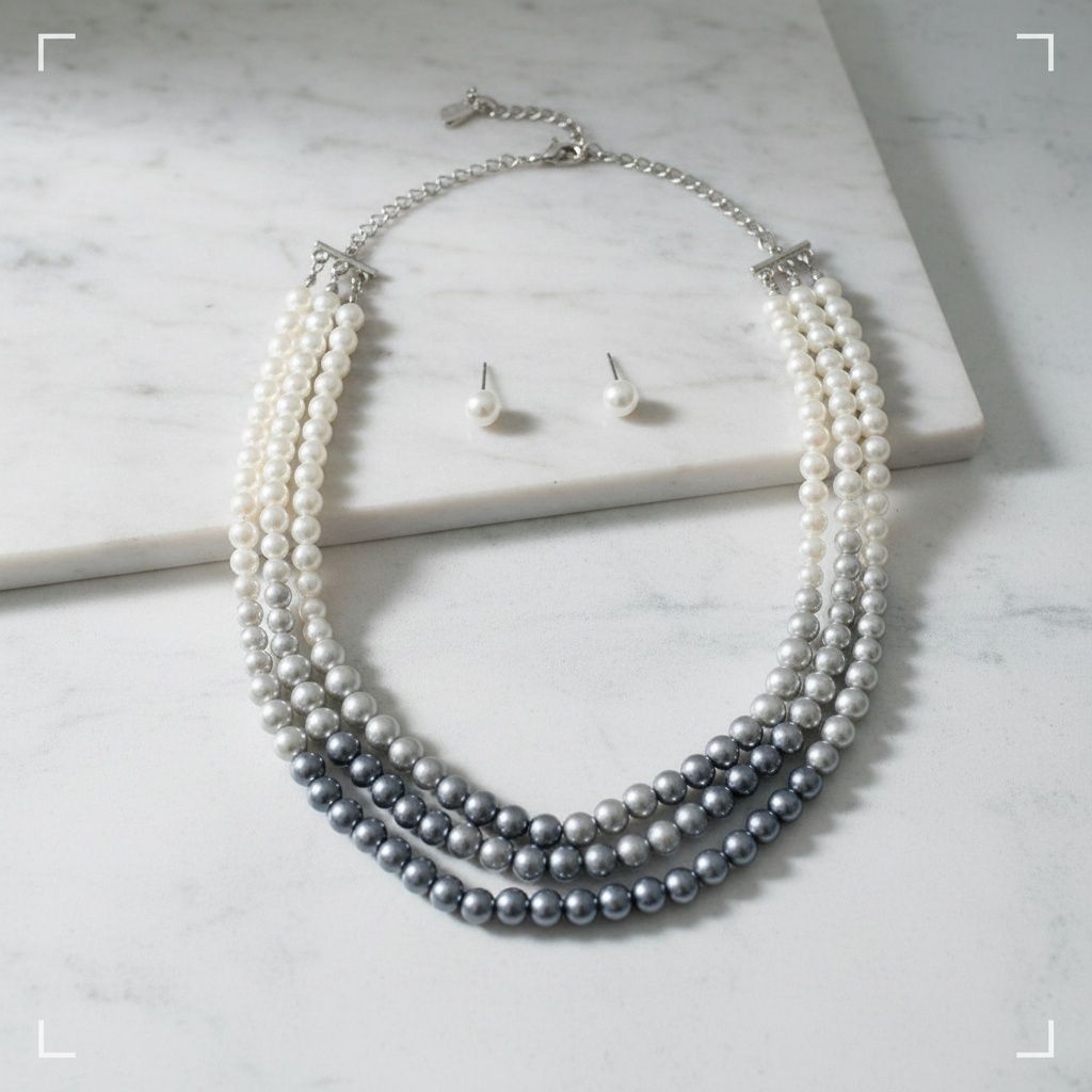 Glass Pearl Gray White Ombre 3 Strand Necklace