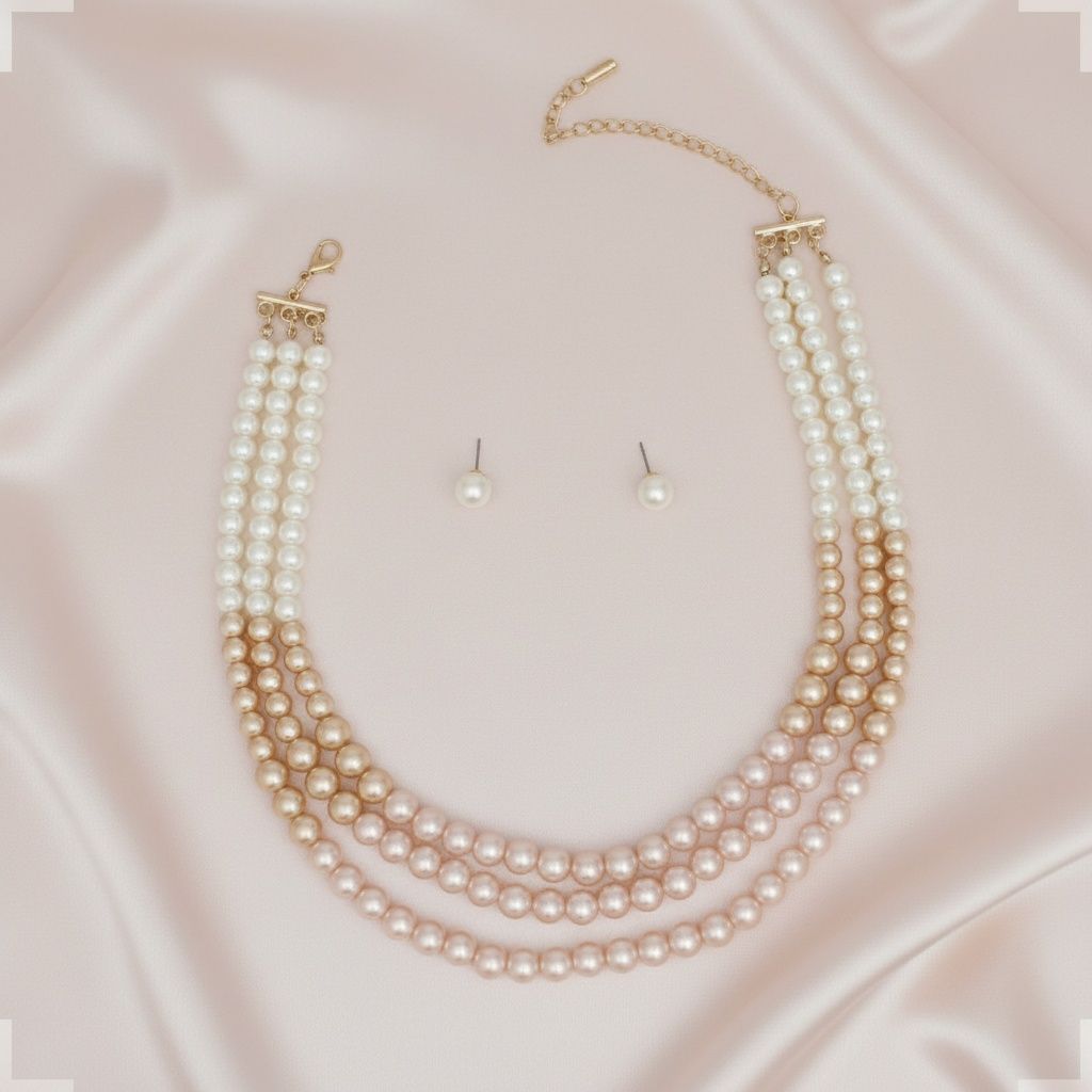 Glass Pearl Pink Cream Ombre 3 Strand Necklace