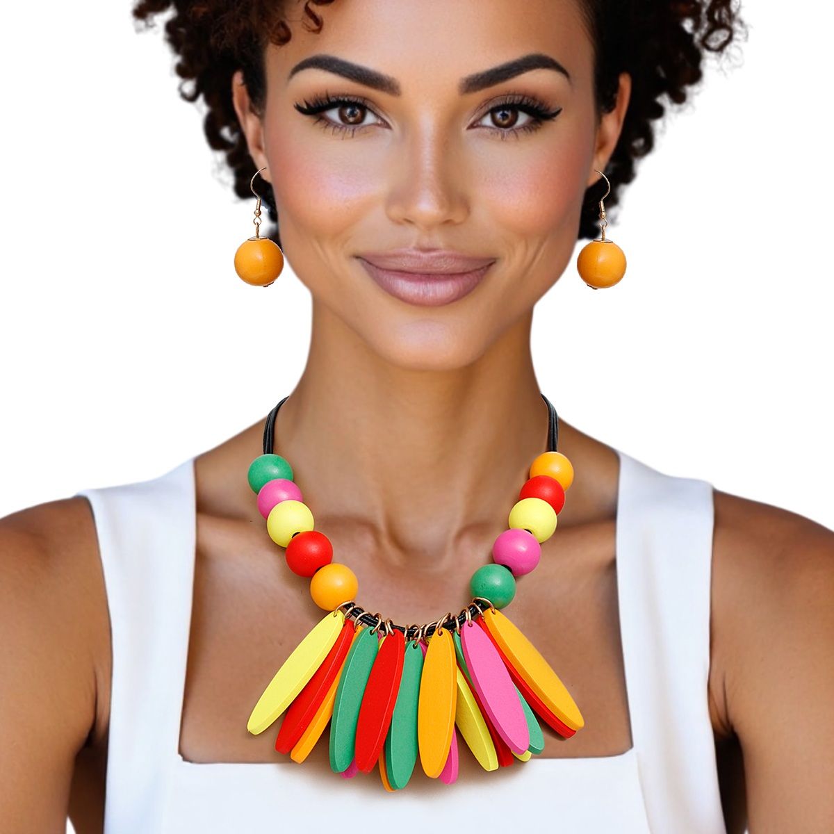 Bib Oval Wood Bead Rainbow Necklace for Women