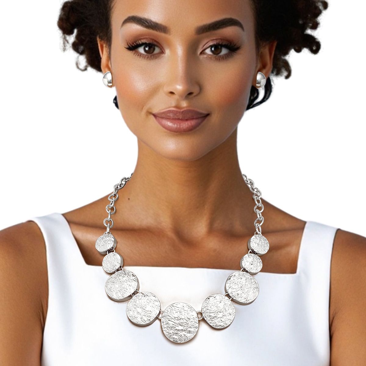 Chain Silver Heavy Duty Crinkle Metal Disc Necklace
