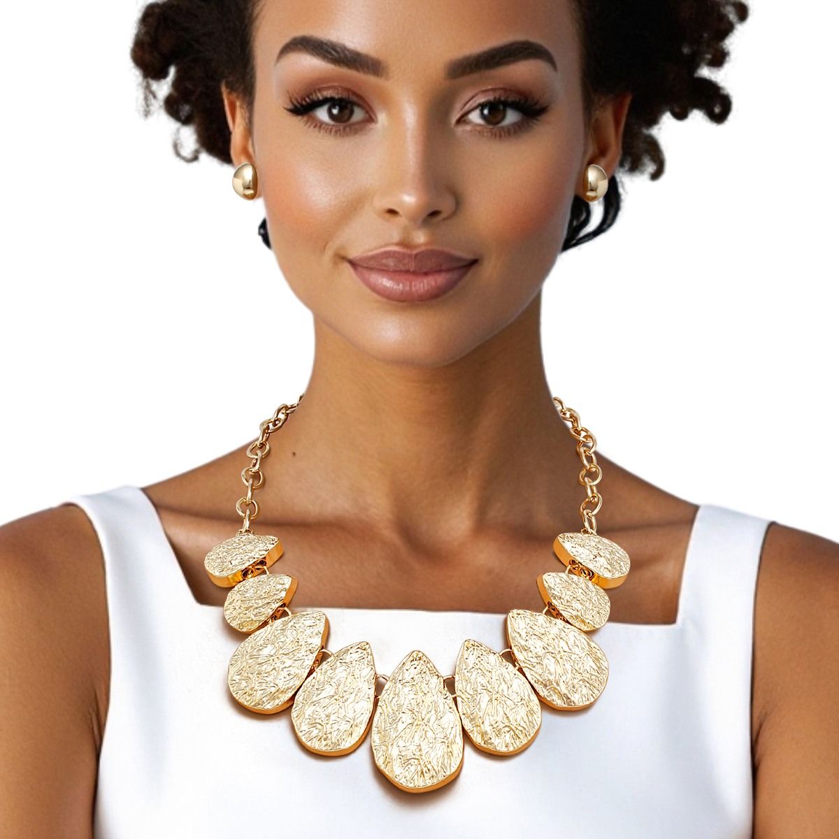 Chain Gold Heavy Crinkle Metal Teardrop Necklace