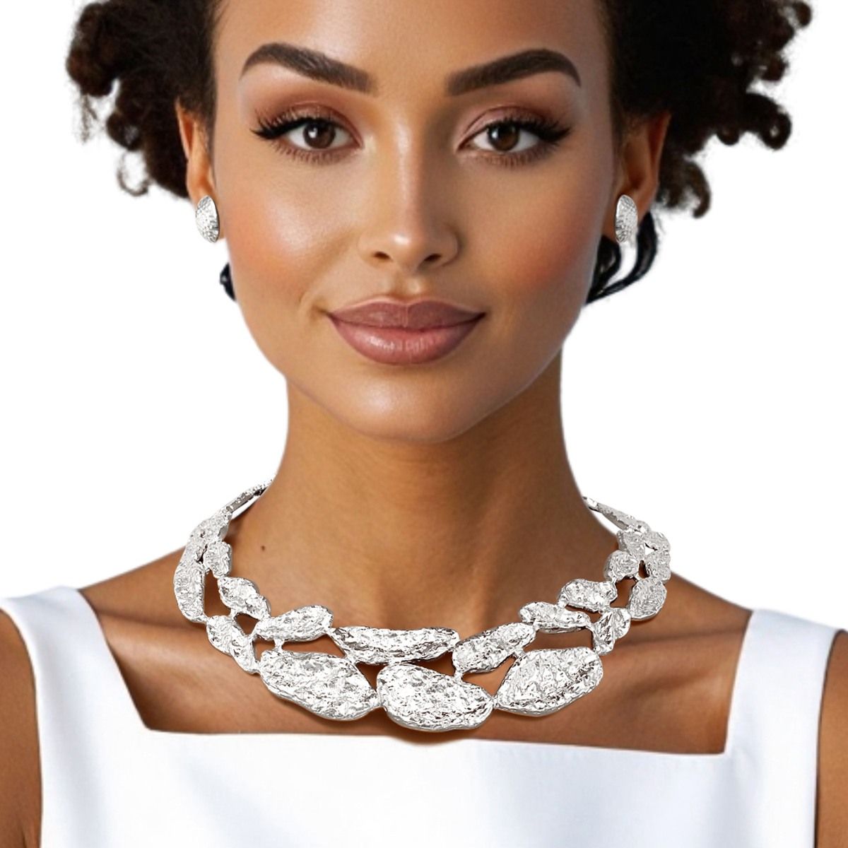 Collar Silver Melted Metal Rigid Armor Necklace