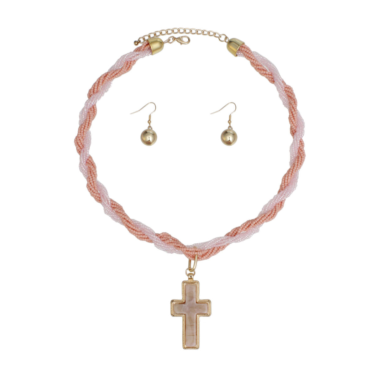 Pendant Pink Twisted Bead Marbled Cross Necklace
