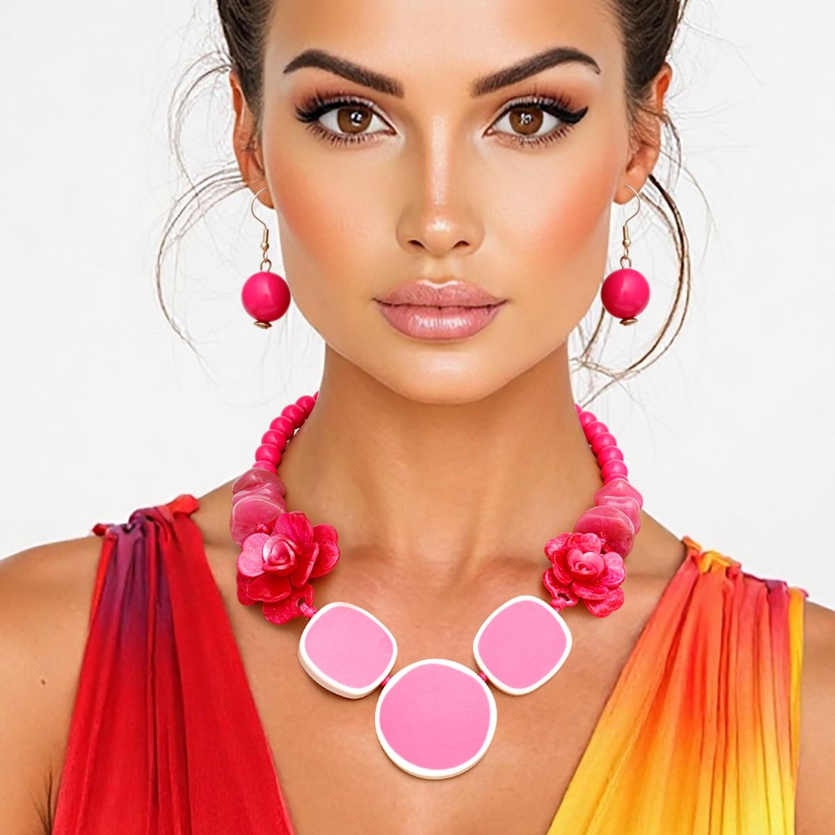 Beaded Artistic Fuchsia Flower Statement Necklace