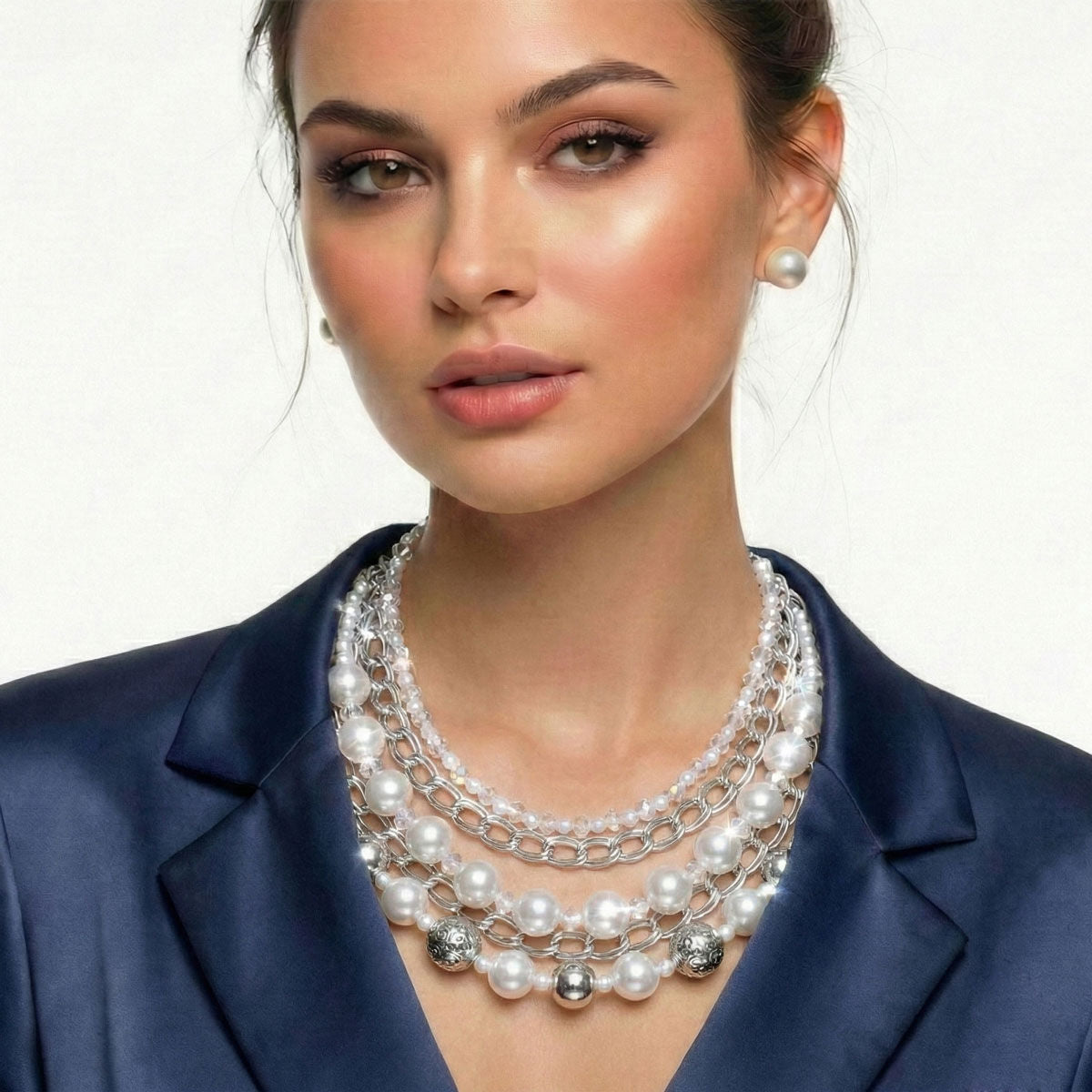Mixed Media White Pearl Silver Chain Necklace
