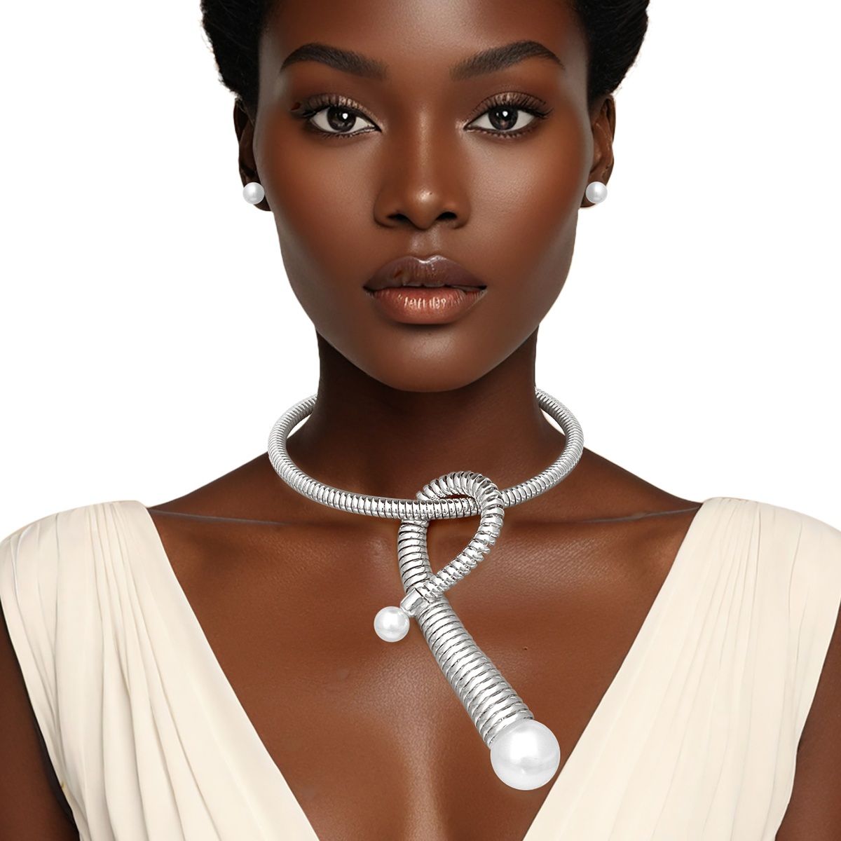 Pendant Handmade Coiled Silver Pearl Loop Necklace