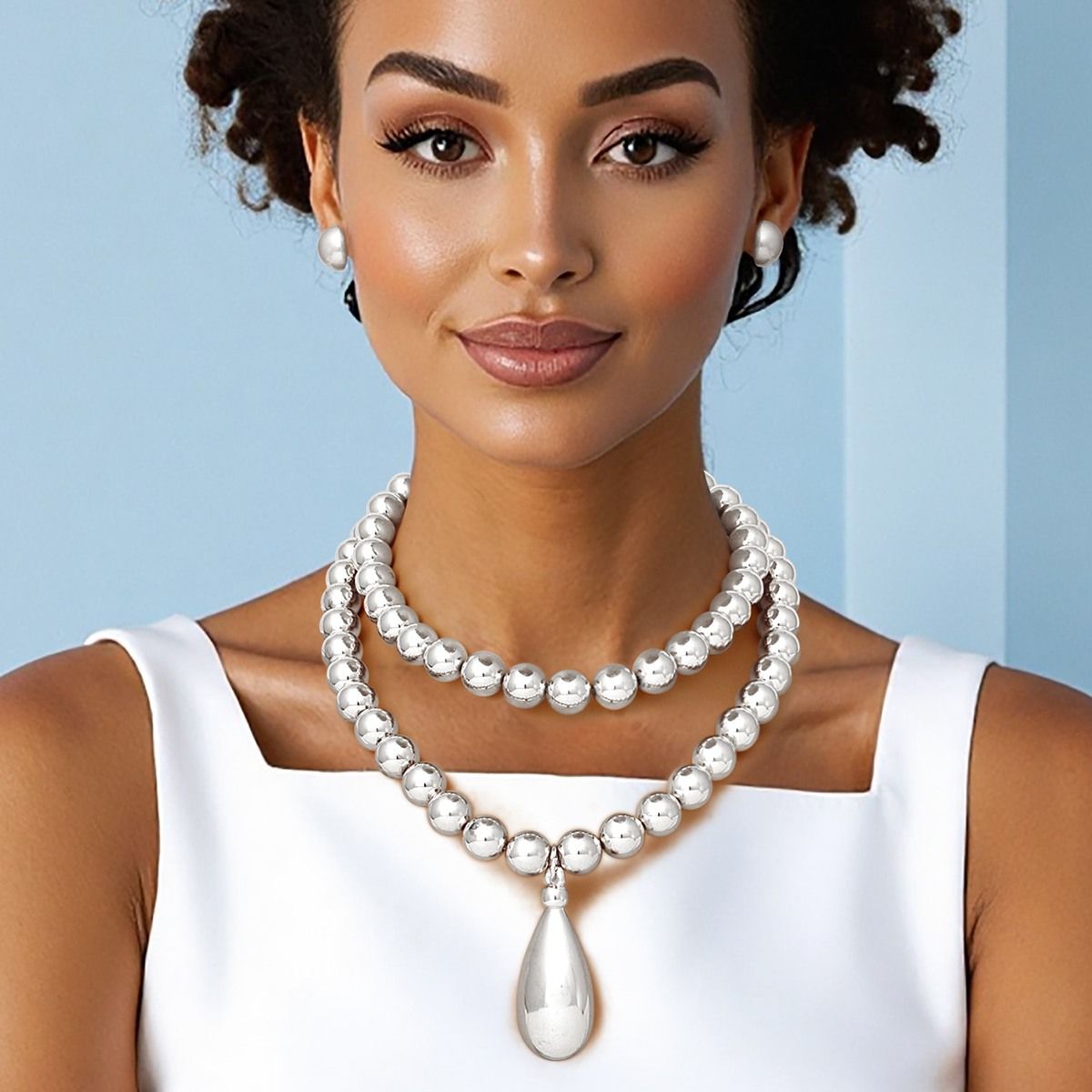 Beaded Silver Teardrop Pendant Double Necklace Set