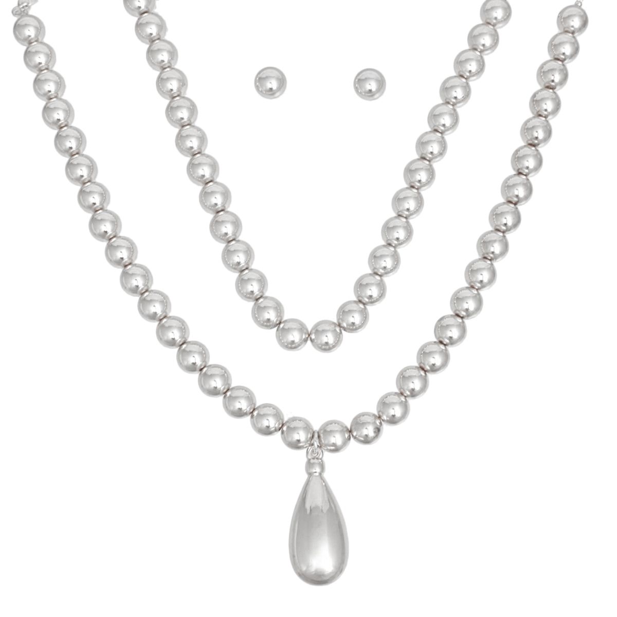 Beaded Silver Teardrop Pendant Double Necklace Set