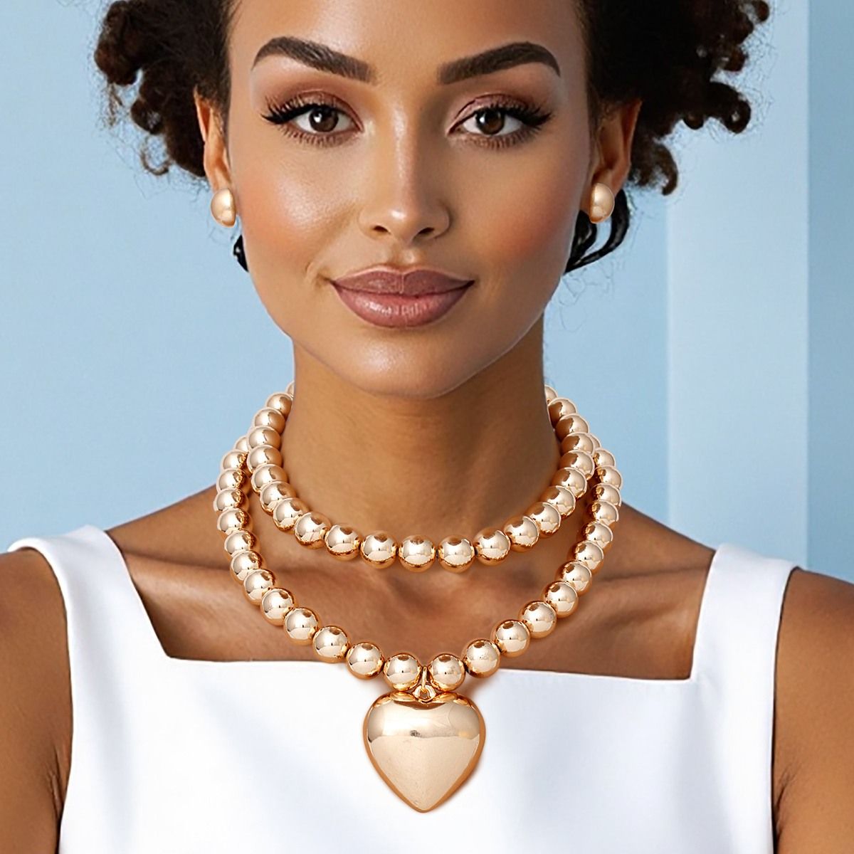 Beaded Gold Heart Pendant Double Necklace Set
