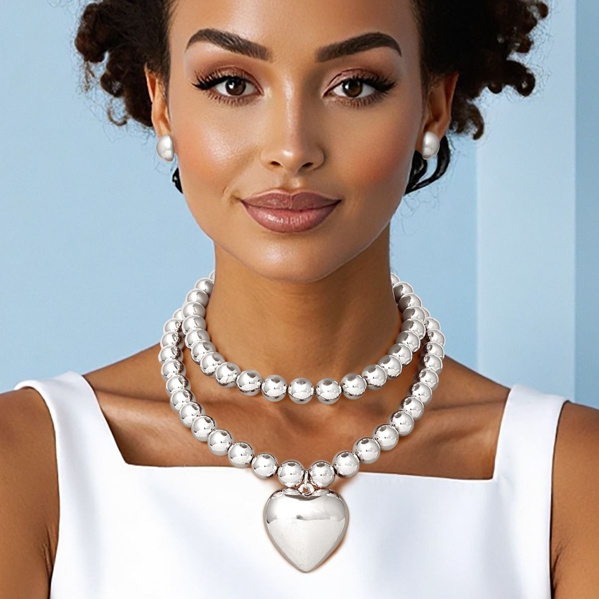 Beaded Silver Heart Pendant Double Necklace Set
