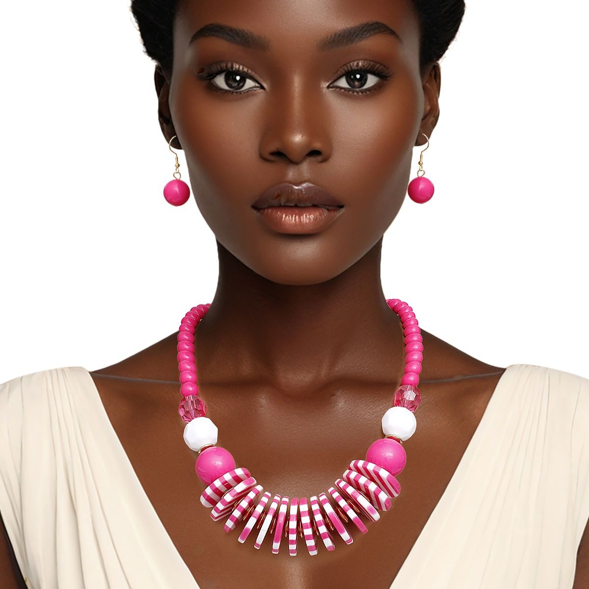 Beaded Funky Fuchsia and White Disc Necklace Set