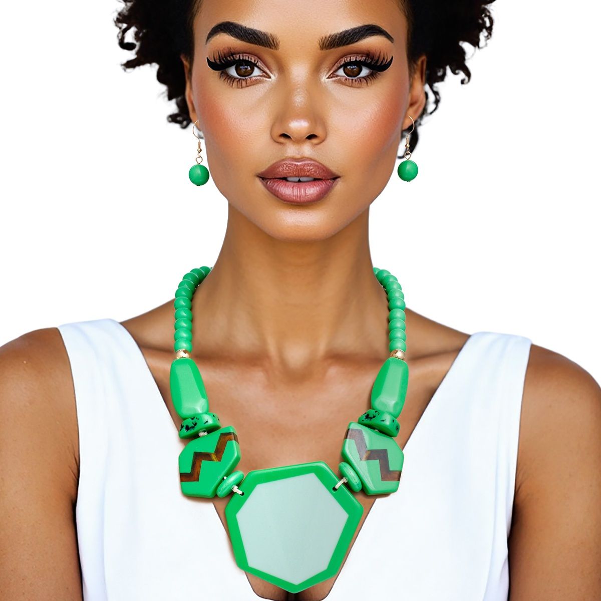 Beaded Pendant Green 70's Vibe Necklace for Women