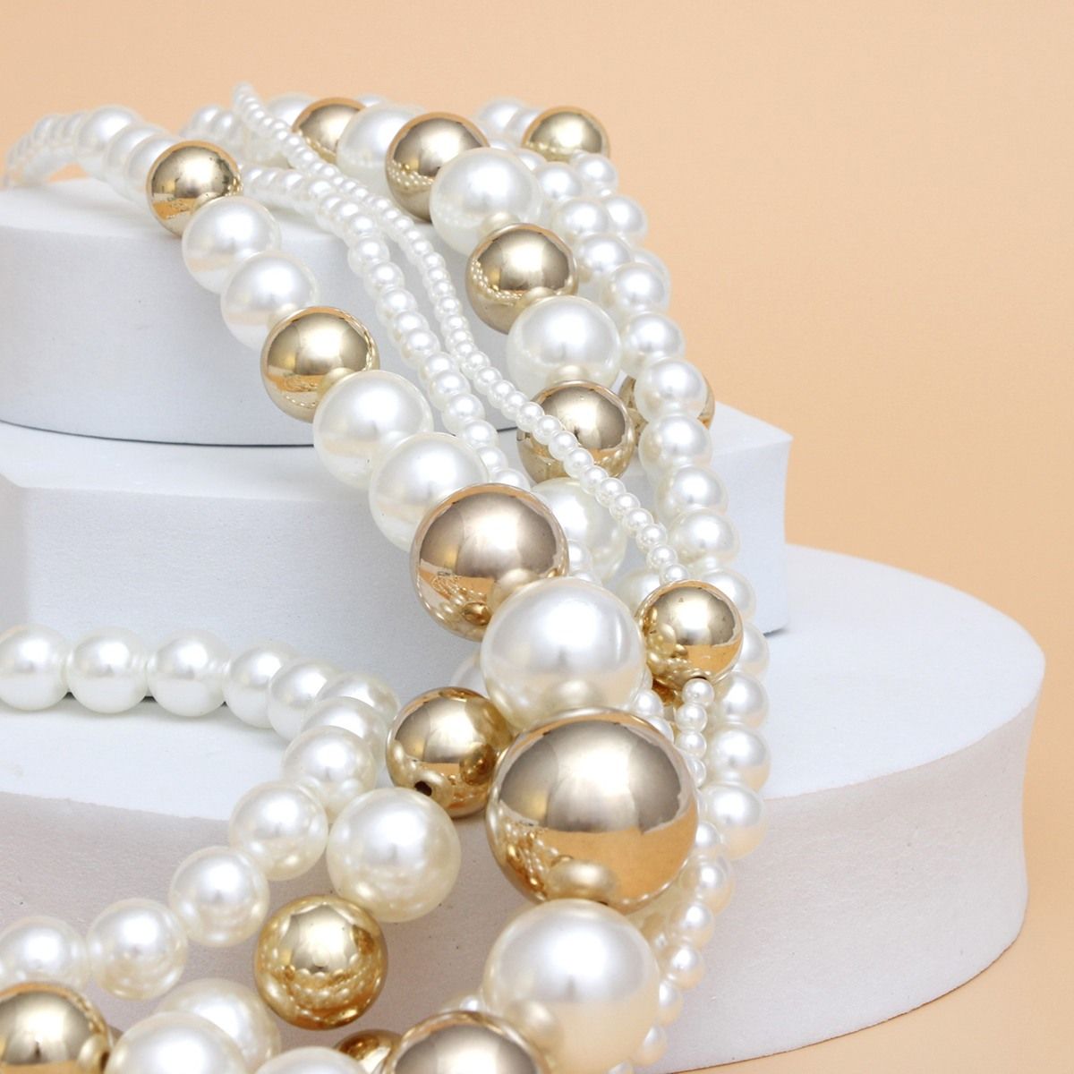 Long 7 Strand Cream Pearl Gold Ball Bead Necklace