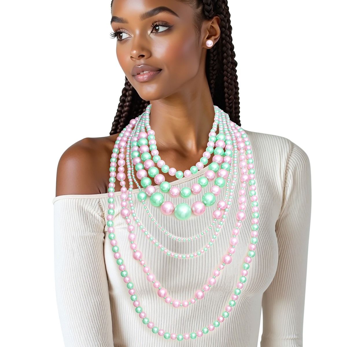 AKA Sorority Pink Green 7 Strand Pearl Necklace