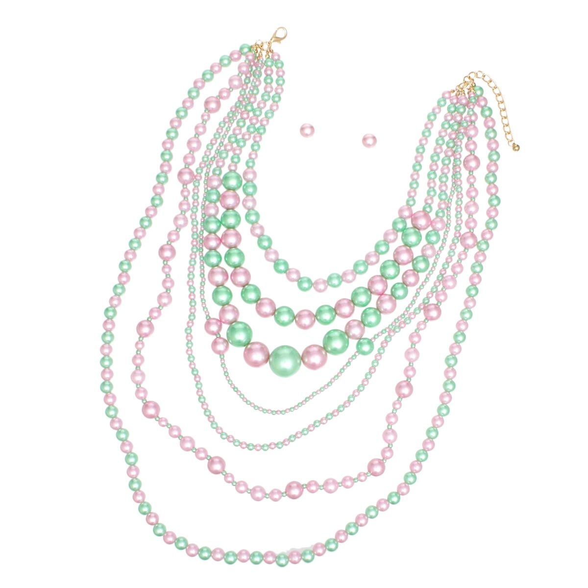 AKA Sorority Pink Green 7 Strand Pearl Necklace