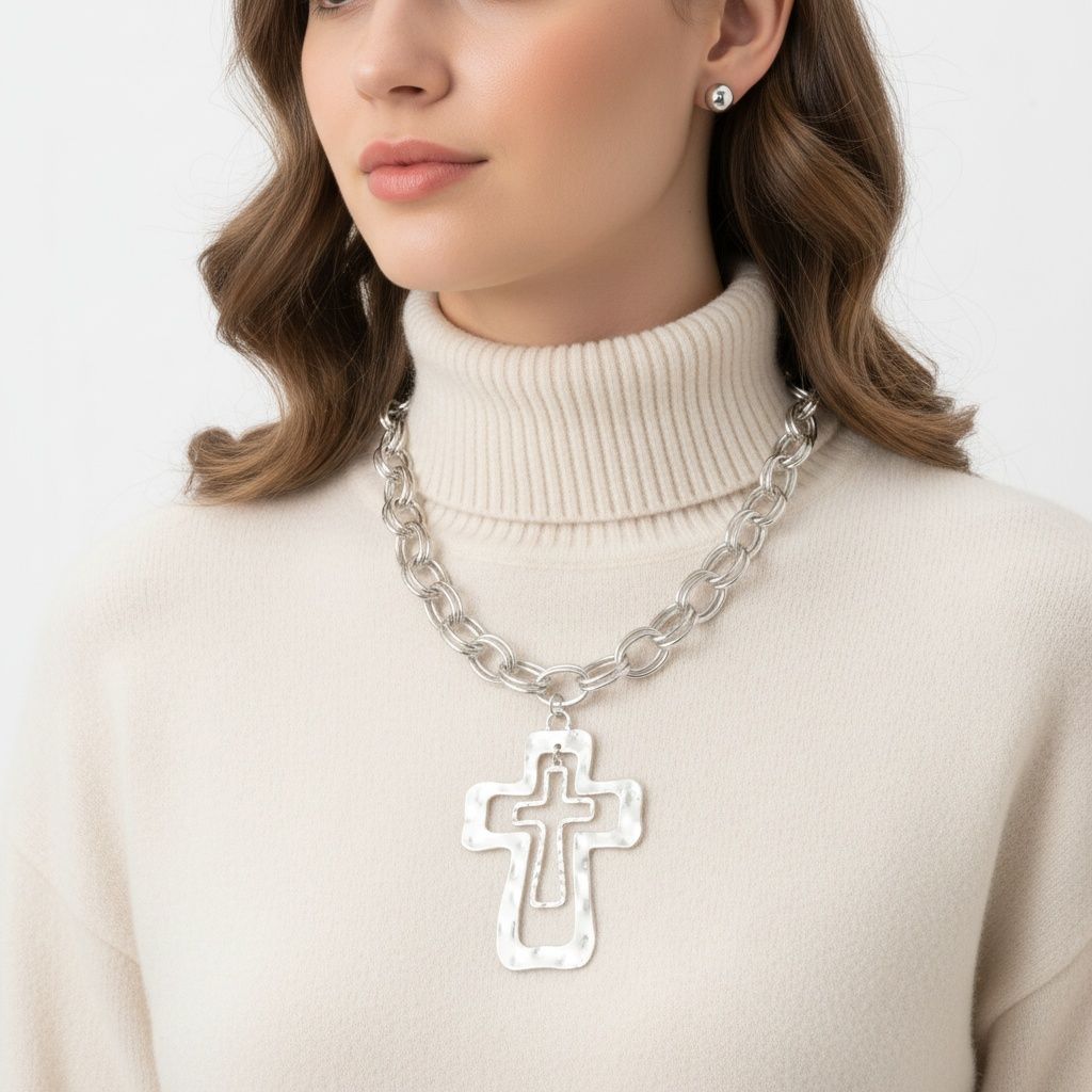 Chain Silver Double Oval Link Double Cross Necklace