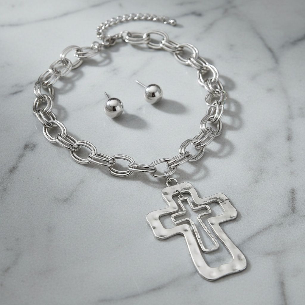 Chain Silver Double Oval Link Double Cross Necklace