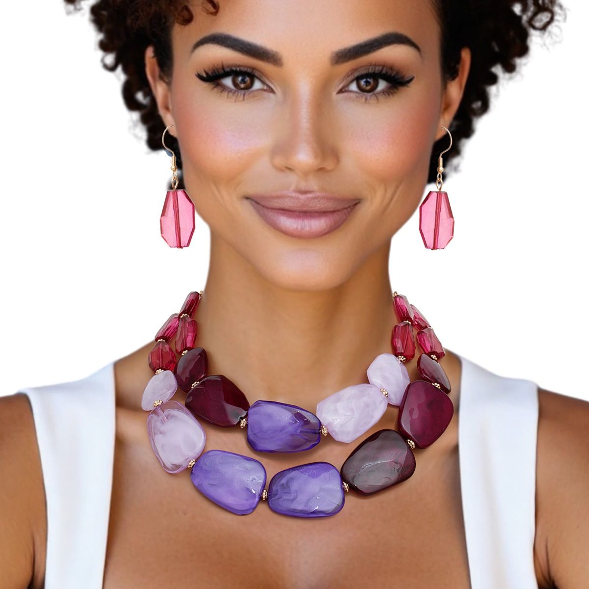 Collar Vibrant Marbled Purple Bead Layer Necklace