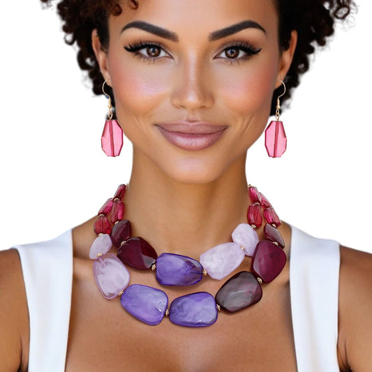 Collar Vibrant Marbled Purple Bead Layer Necklace