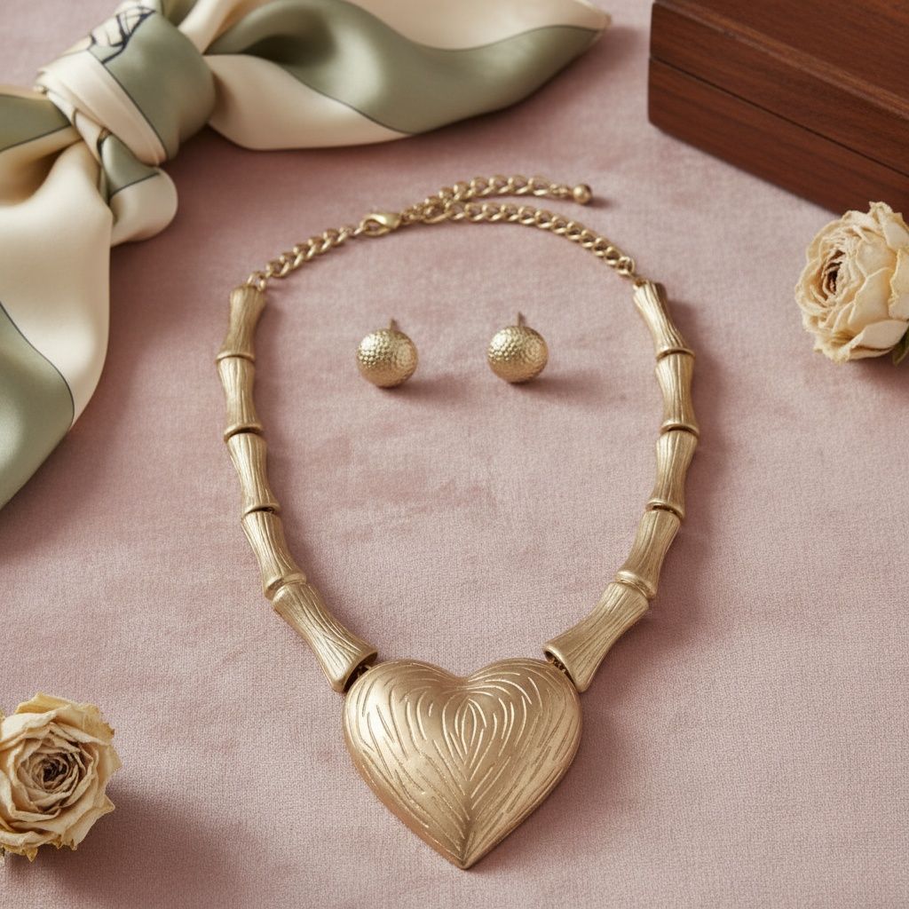 Pendant Matte Gold Bamboo Heart Modern Necklace
