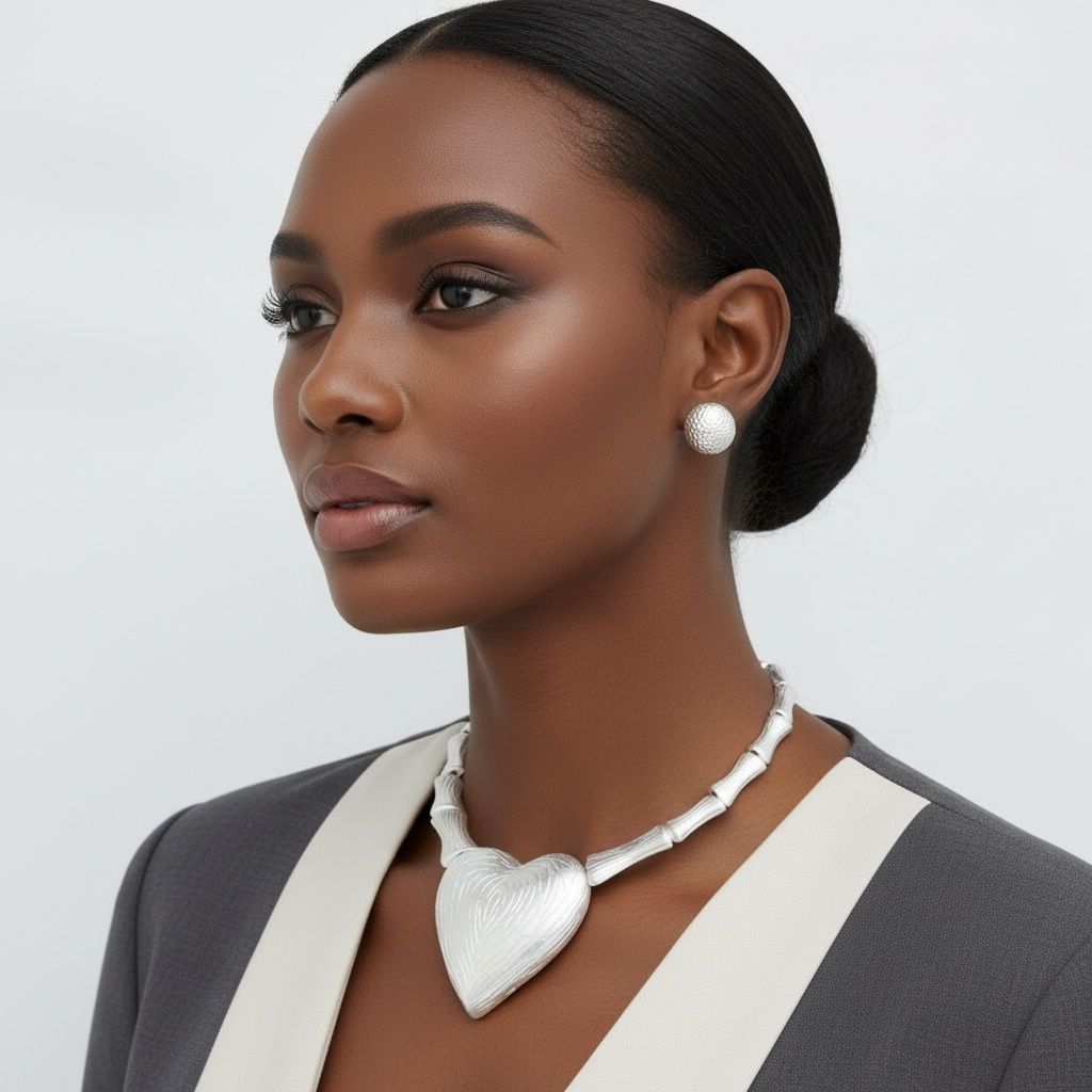 Pendant Matte Silver Bamboo Heart Modern Necklace