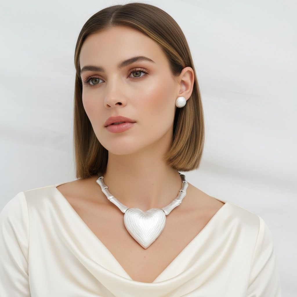 Pendant Matte Silver Bamboo Heart Modern Necklace
