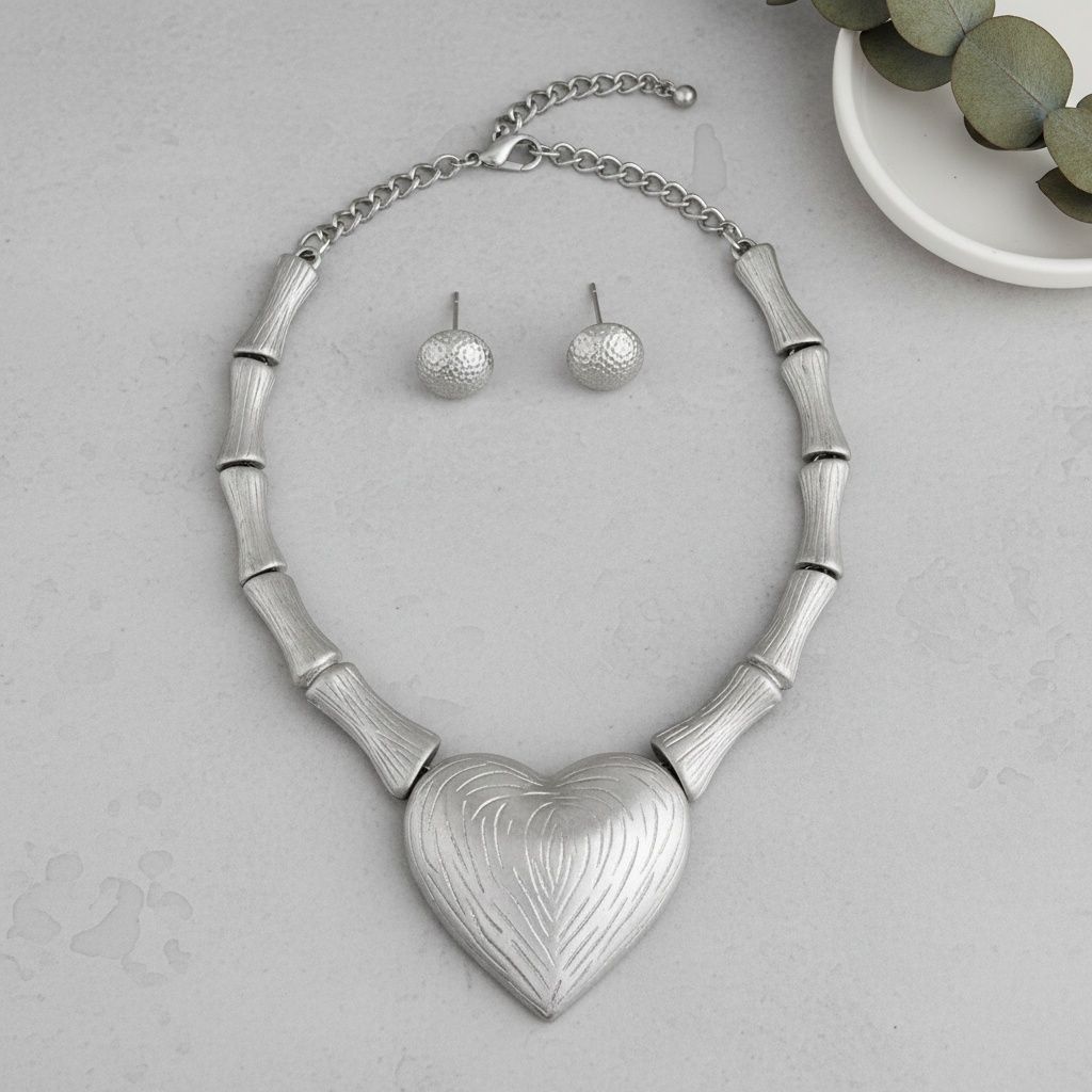 Pendant Matte Silver Bamboo Heart Modern Necklace