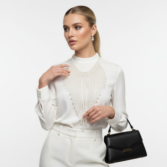 Bib Long Cream Pearl Fringe Choker Necklace