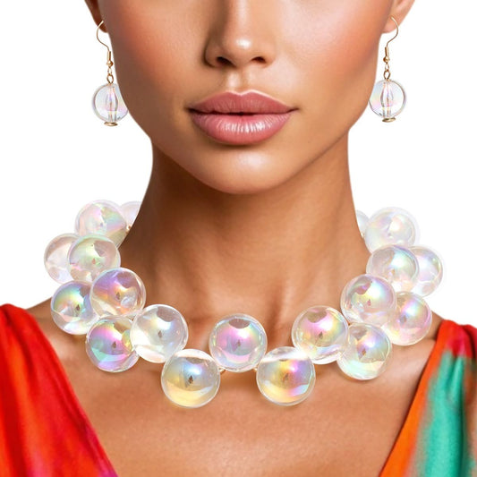 Necklace Clear Iridescent Bubble Ball Bead Gold