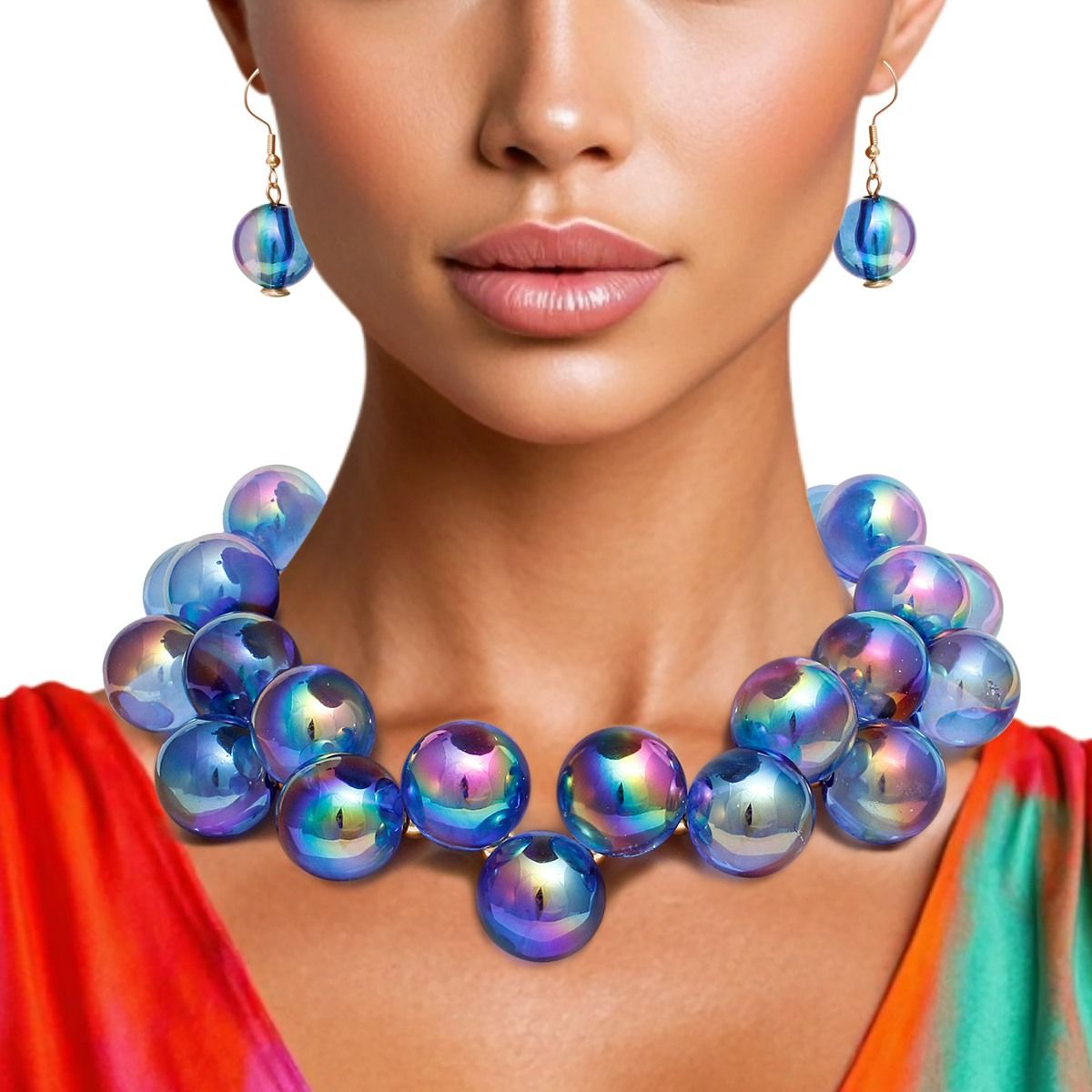Necklace Blue Iridescent Bubble Ball Bead Gold Set