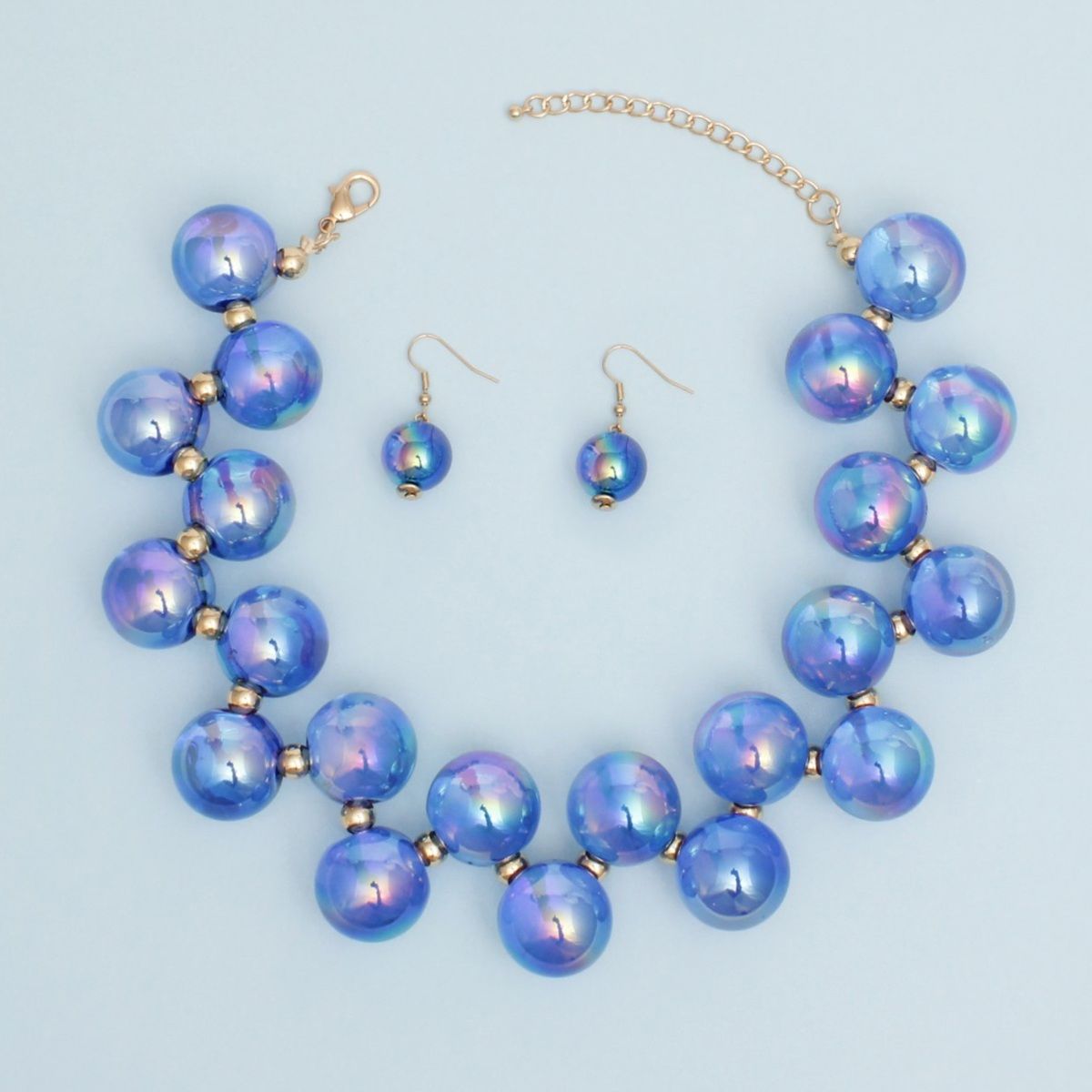 Necklace Blue Iridescent Bubble Ball Bead Gold Set